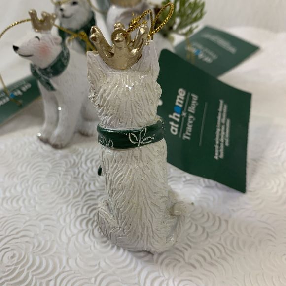 5 Christmas Tree Ornaments Fox Bear Owl with Crowns Ceramic White Green Gold Lot - Picture 13 of 16